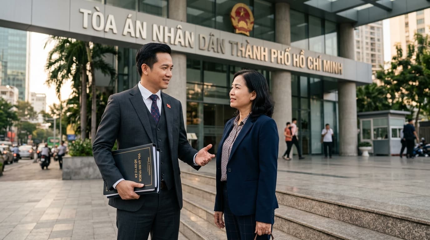 Luật sư SaigonLex làm việc cùng thân chủ trước cổng Tòa án Nhân dân TP.HCM