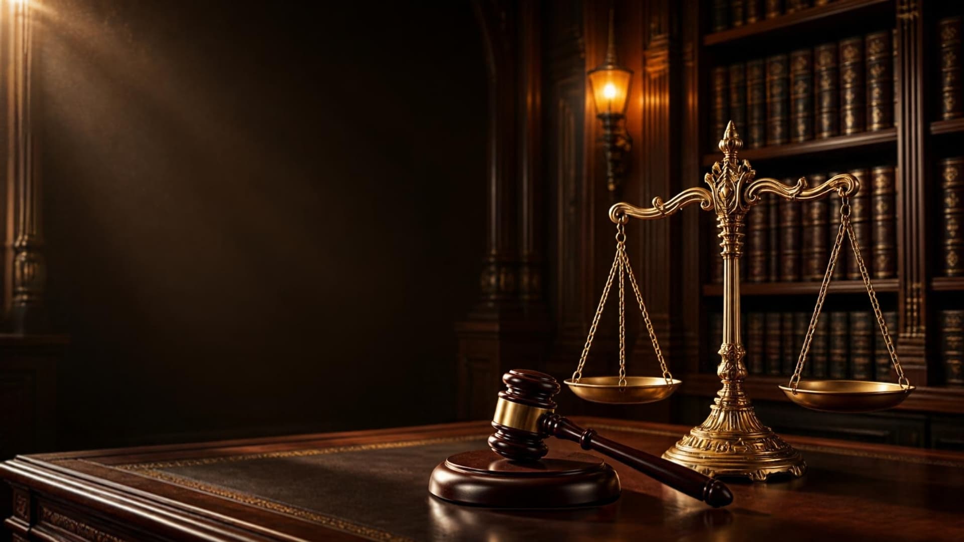 Cán cân công lý và búa thẩm phán trên bàn gỗ thư viện luật sư SaigonLex